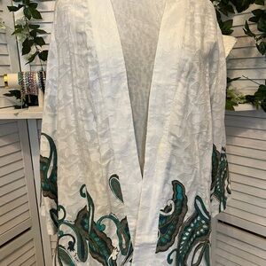 Chicos Size 3 (US 16)  Embellished White and Teal “Retro Paisley” Jacket NWT